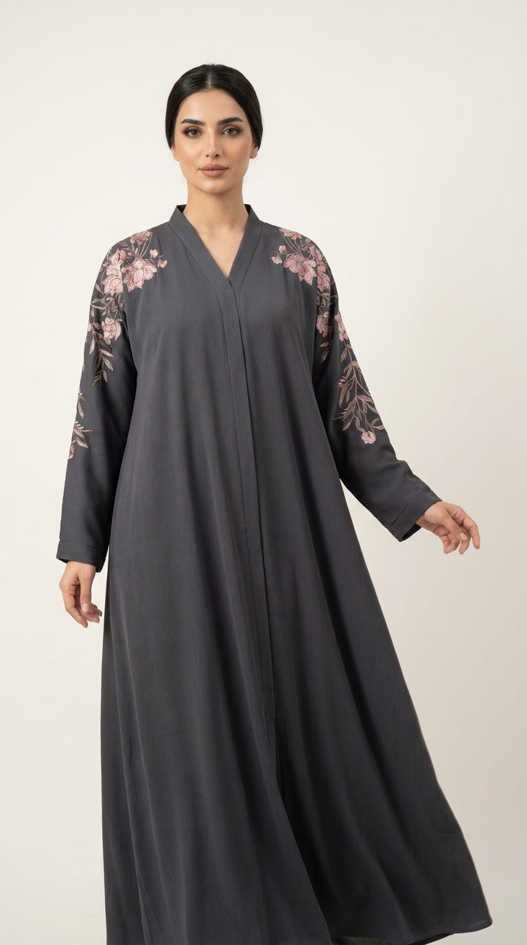 Grey Embroidery Flower Work Zoom Zip Abaya  Aromique