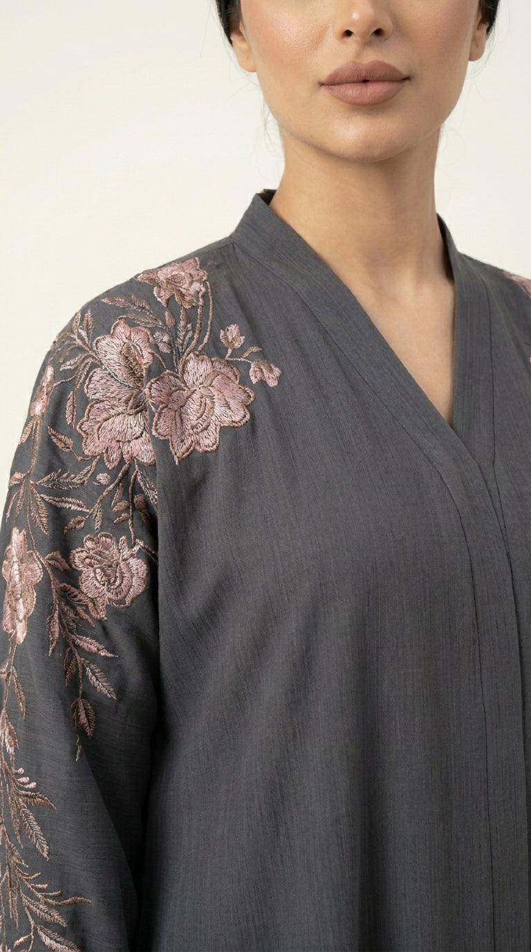 Grey Embroidery Flower Work Zoom Zip Abaya  Aromique