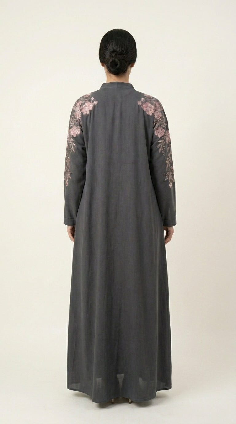 Grey Embroidery Flower Work Zoom Zip Abaya  Aromique