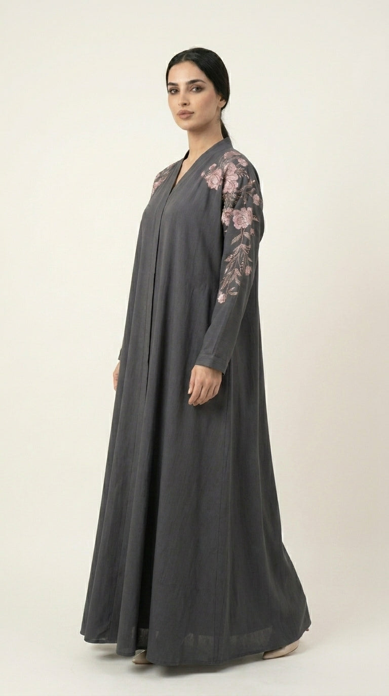 Grey Embroidery Flower Work Zoom Zip Abaya  Aromique