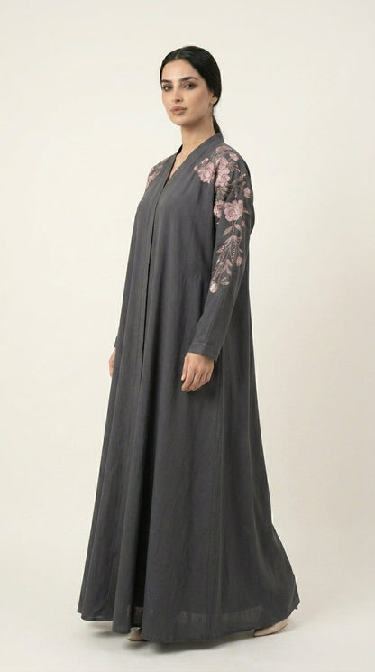 Grey Embroidery Flower Work Zoom Zip Abaya  Aromique