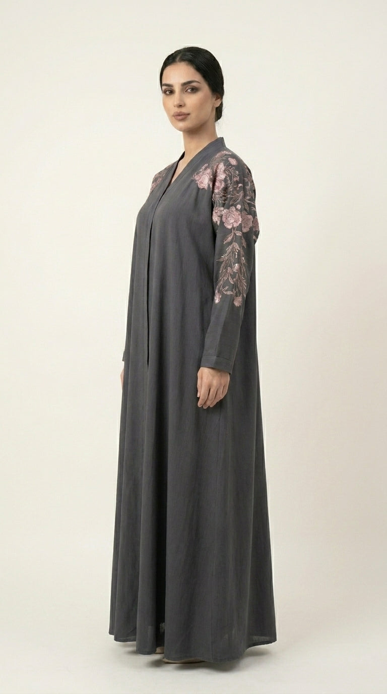 Grey Embroidery Flower Work Zoom Zip Abaya  Aromique