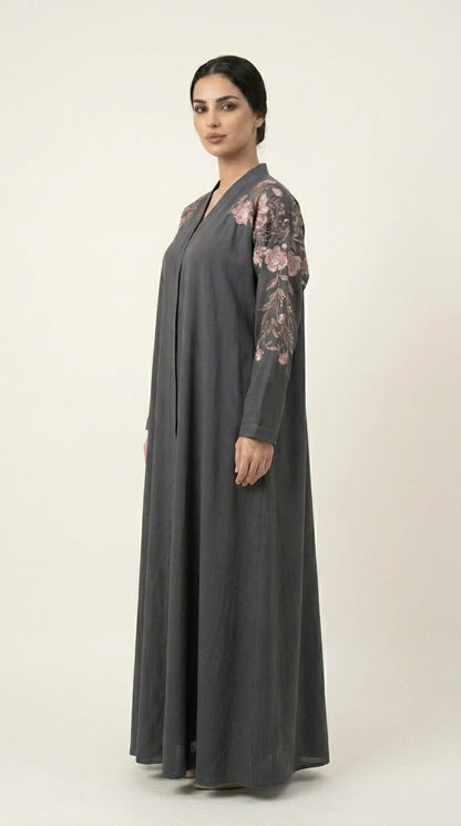 Grey Embroidery Flower Work Zoom Zip Abaya  Aromique
