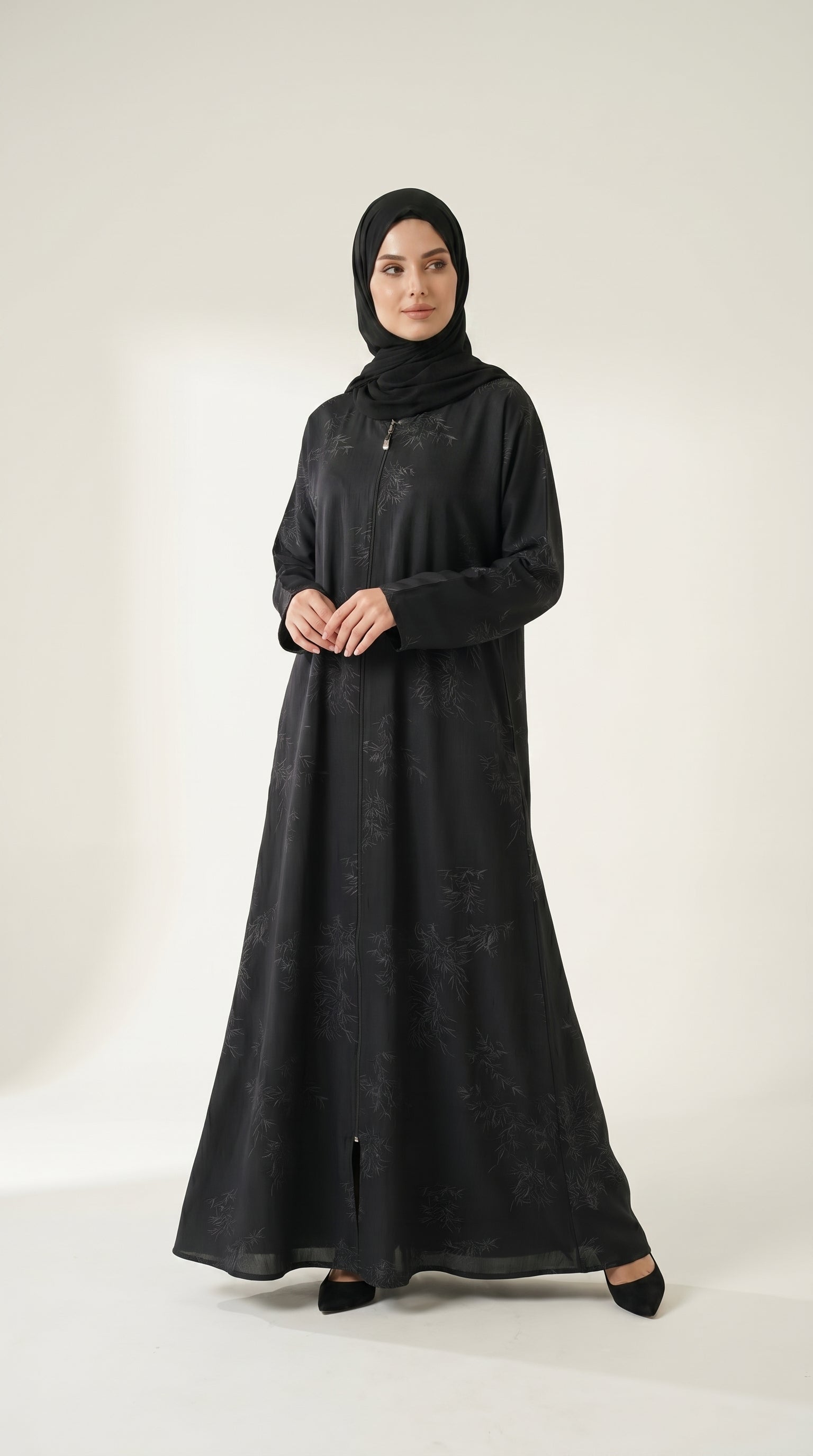 Grey Maryam Bamboo Leaf Work Open Abaya with Zip  Aromique