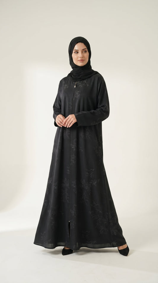 Grey Maryam Bamboo Leaf Work Open Abaya with Zip  Aromique
