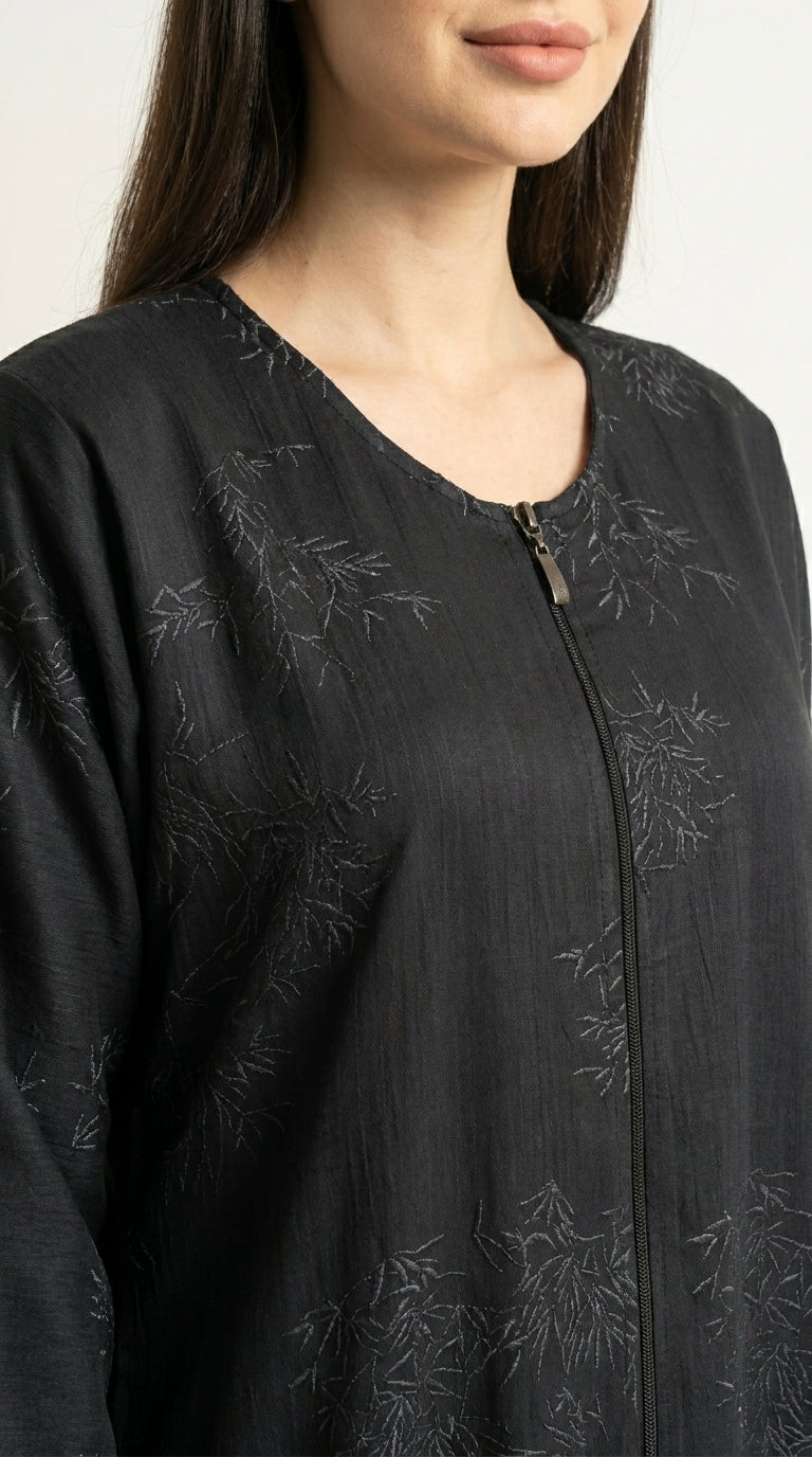 Grey Maryam Bamboo Leaf Work Open Abaya with Zip  Aromique