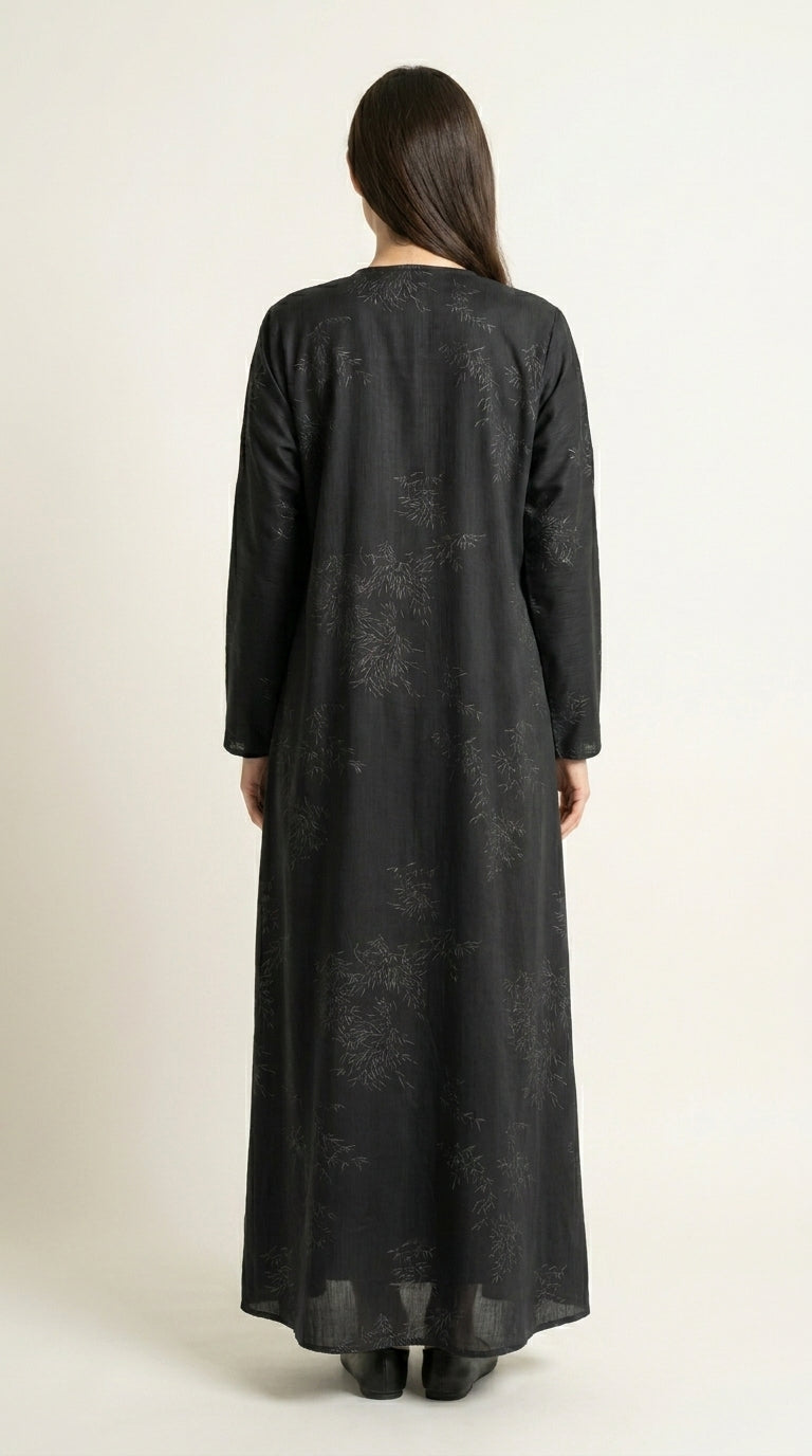 Grey Maryam Bamboo Leaf Work Open Abaya with Zip  Aromique