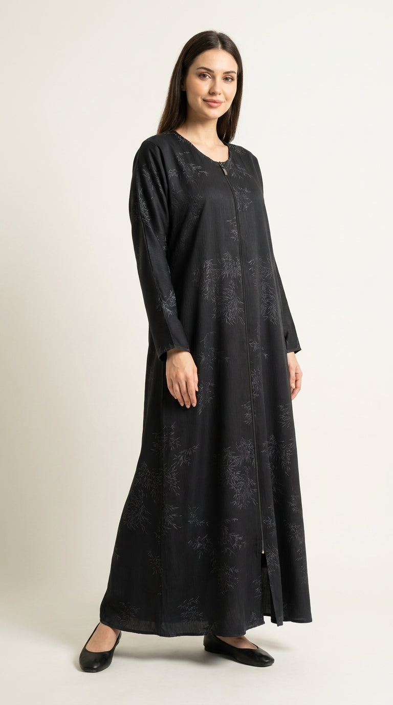 Grey Maryam Bamboo Leaf Work Open Abaya with Zip  Aromique
