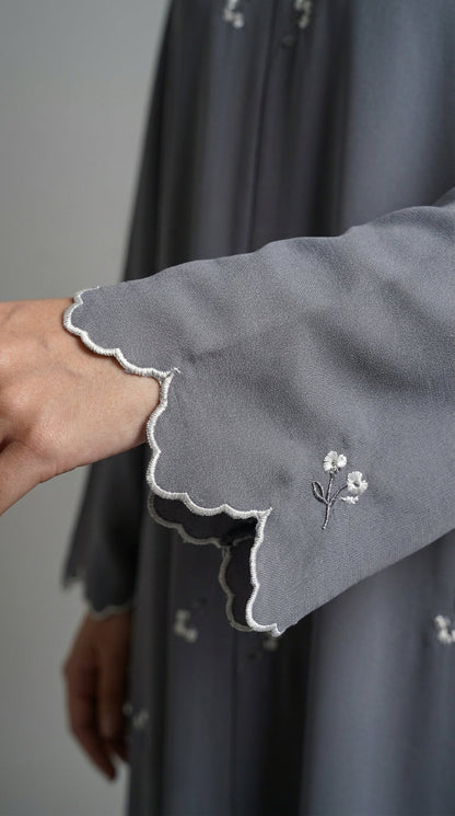 Grey Open Abaya with Dainty Floral Embroidery  Aromique