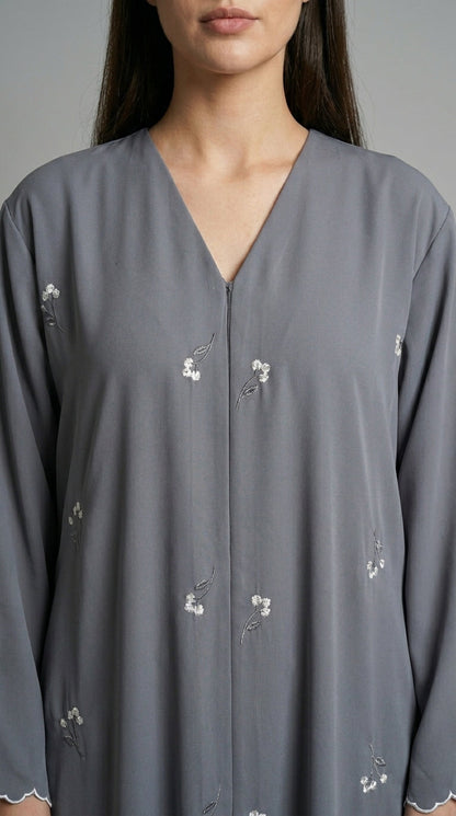 Grey Open Abaya with Dainty Floral Embroidery  Aromique
