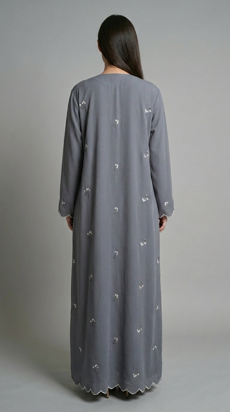 Grey Open Abaya with Dainty Floral Embroidery  Aromique