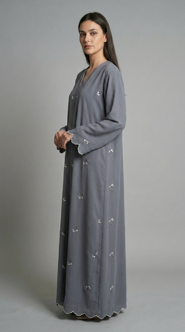Grey Open Abaya with Dainty Floral Embroidery  Aromique