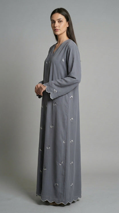 Grey Open Abaya with Dainty Floral Embroidery  Aromique