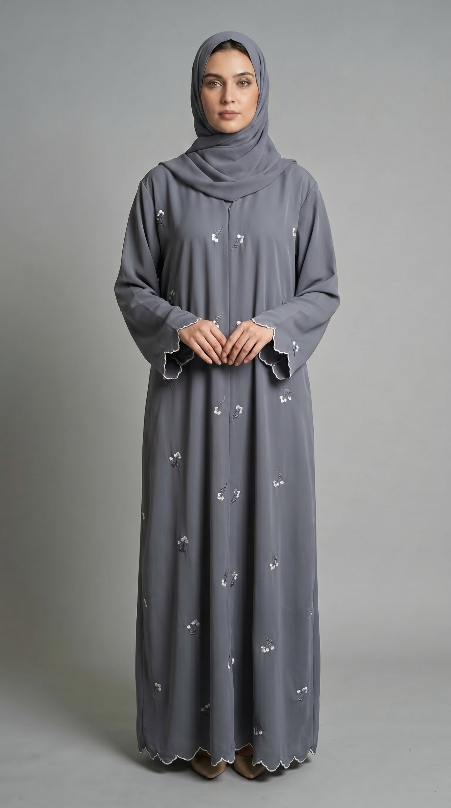 Grey Open Abaya with Dainty Floral Embroidery  Aromique