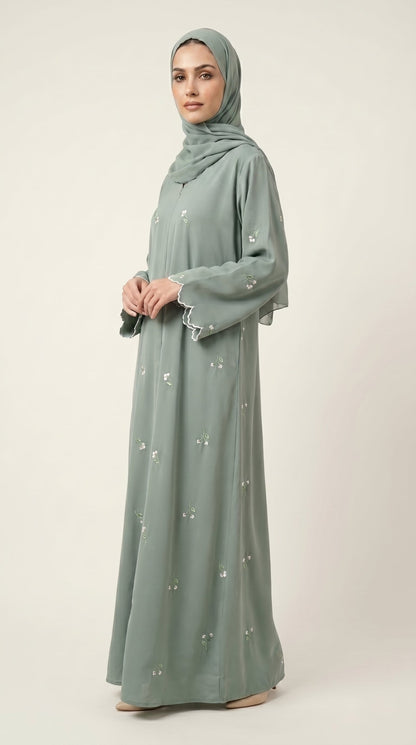 Mint Open Abaya with Dainty Floral Embroidery  Aromique