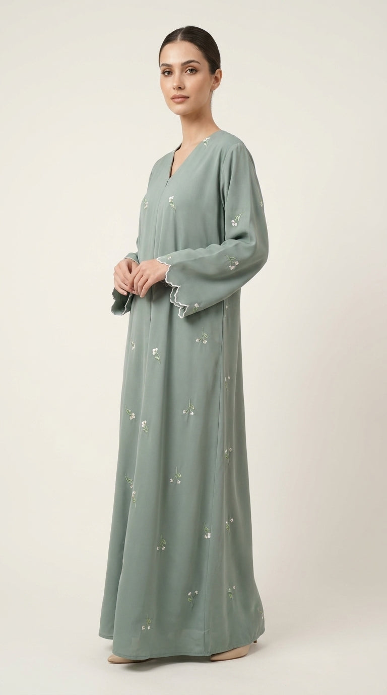 Mint Open Abaya with Dainty Floral Embroidery  Aromique