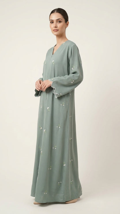 Mint Open Abaya with Dainty Floral Embroidery  Aromique