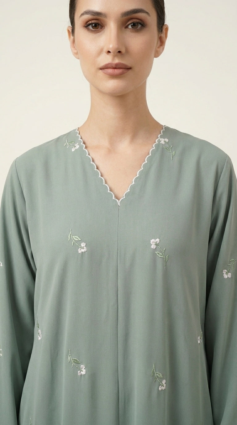 Mint Open Abaya with Dainty Floral Embroidery  Aromique