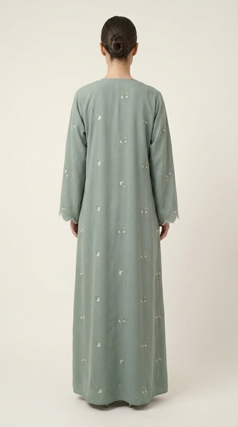 Mint Open Abaya with Dainty Floral Embroidery  Aromique