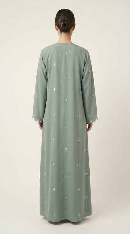 Mint Open Abaya with Dainty Floral Embroidery  Aromique