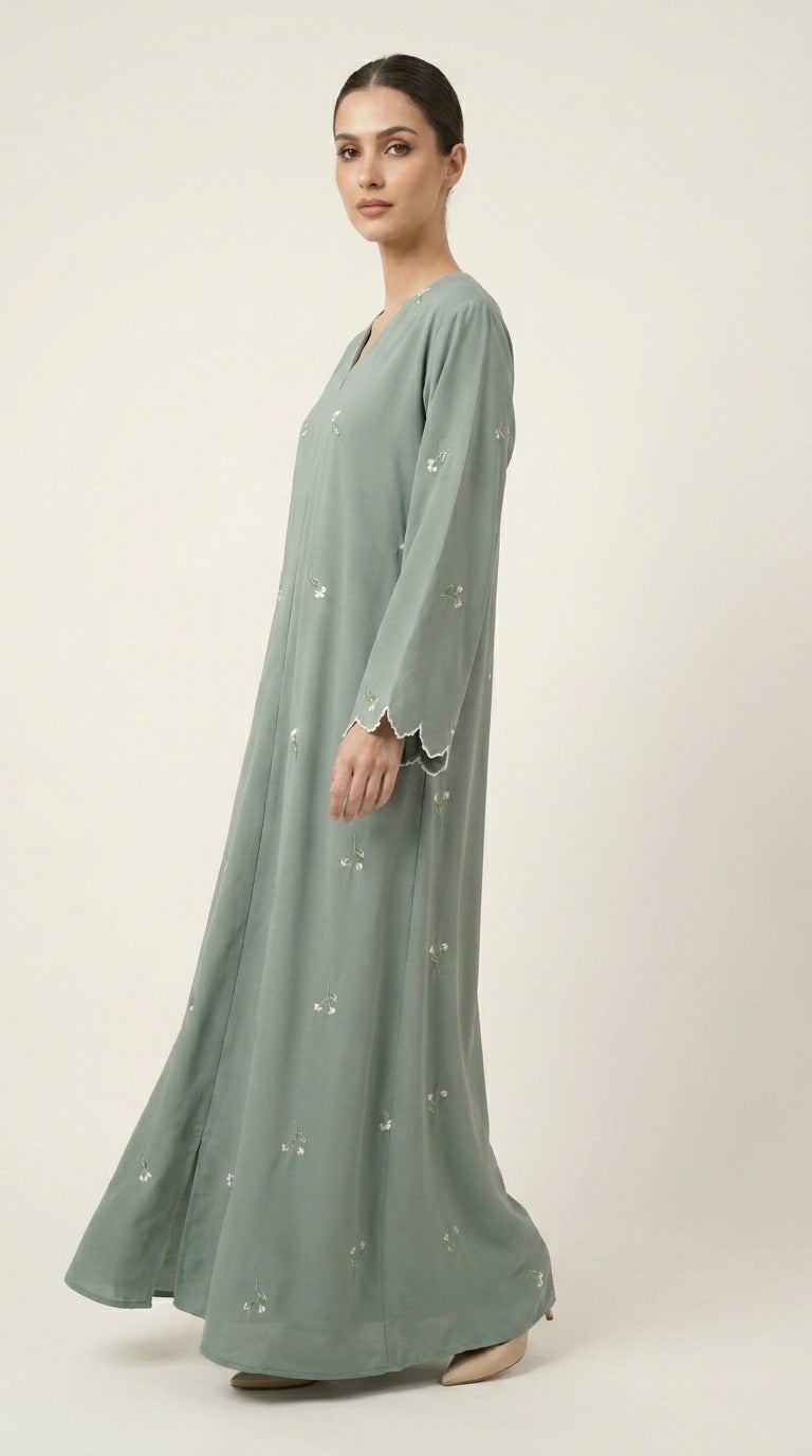 Mint Open Abaya with Dainty Floral Embroidery  Aromique