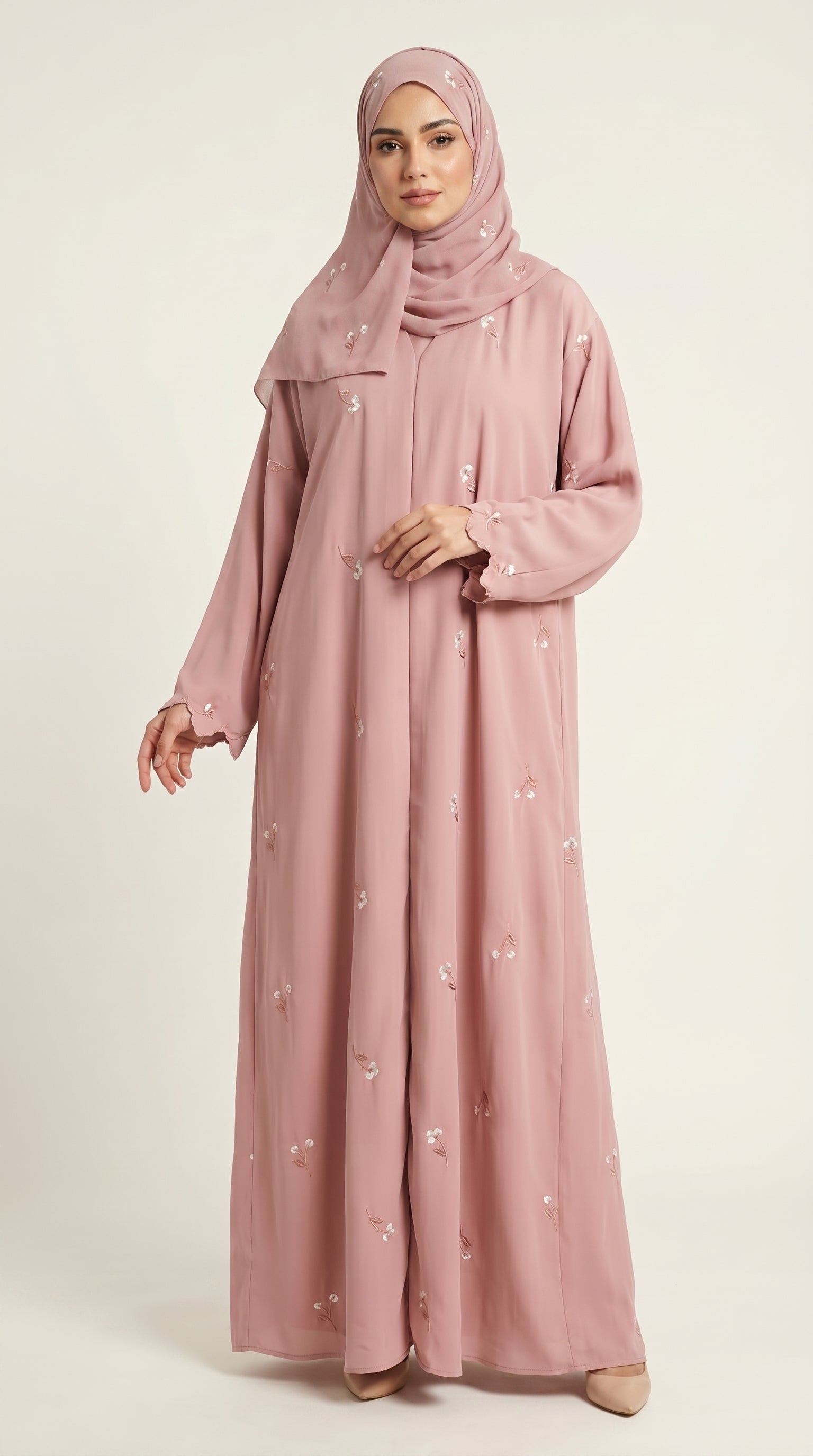 Pink Open Abaya with Dainty Floral Embroidery  Aromique