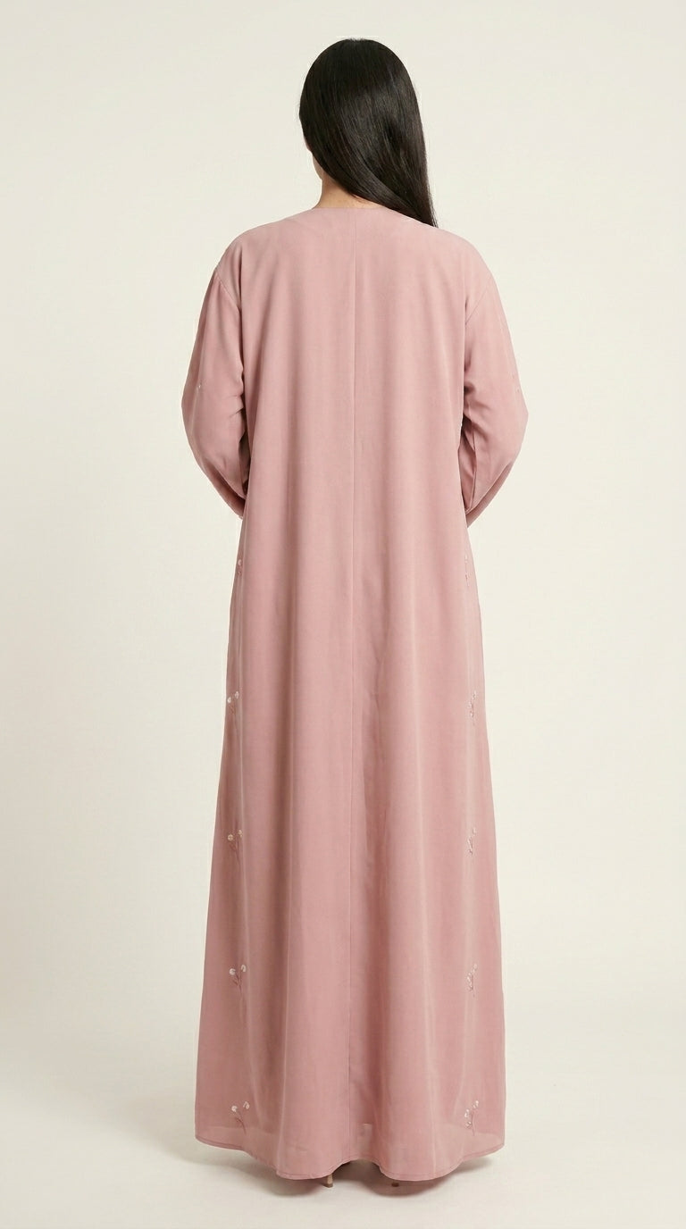 Pink Open Abaya with Dainty Floral Embroidery  Aromique