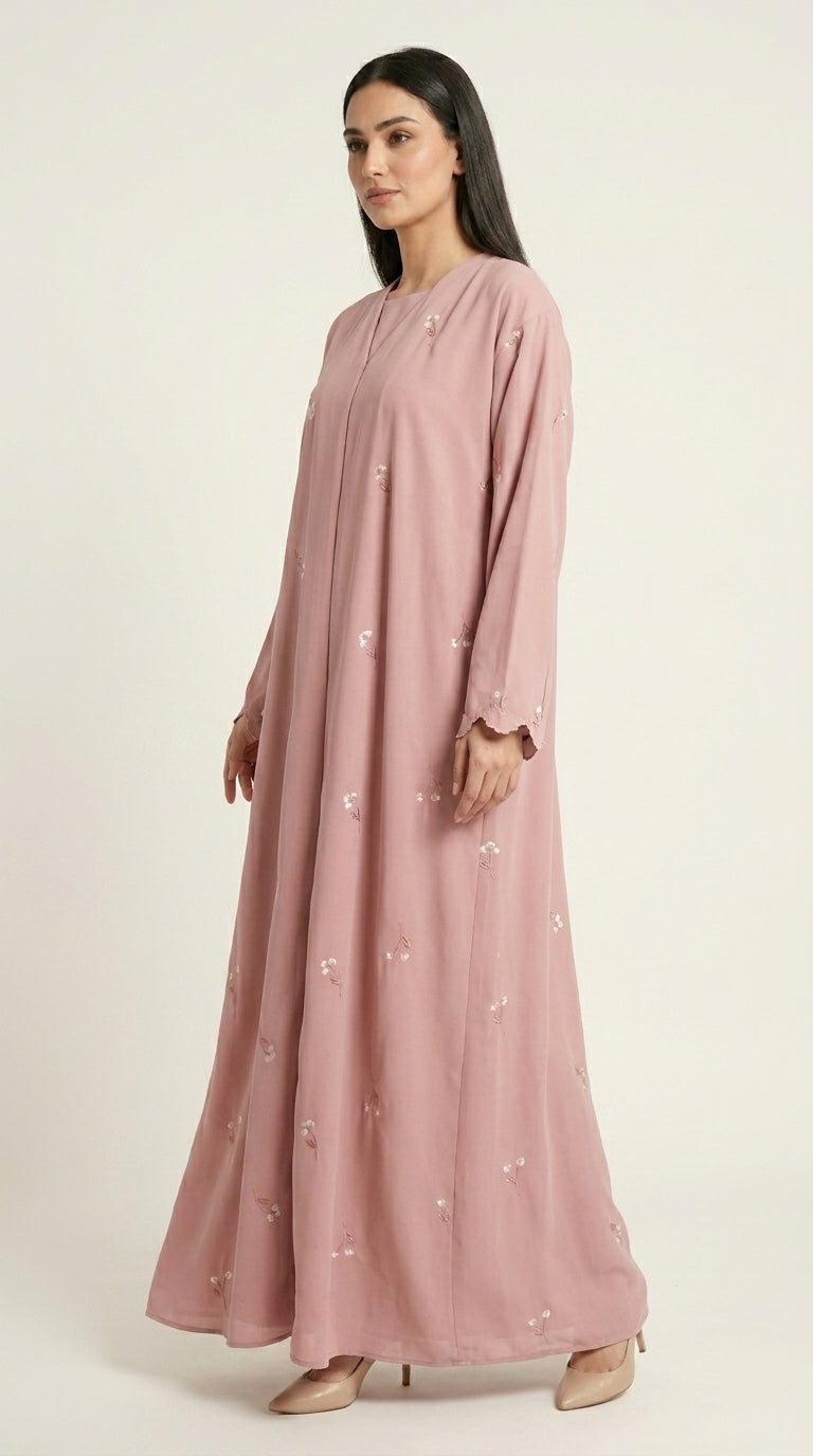 Pink Open Abaya with Dainty Floral Embroidery  Aromique