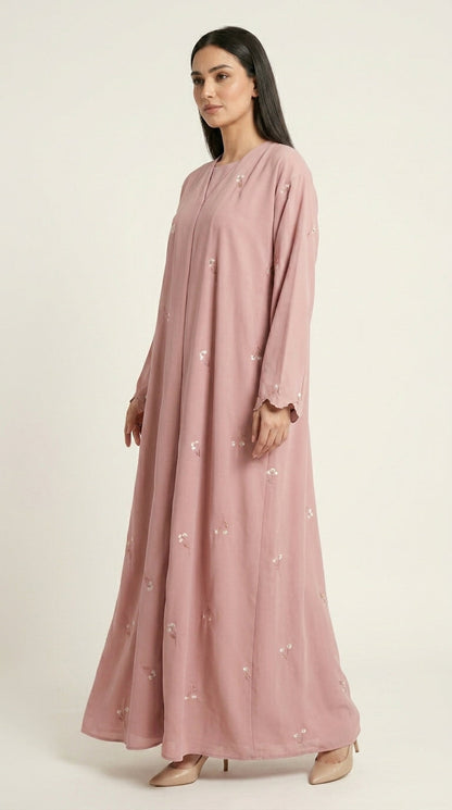 Pink Open Abaya with Dainty Floral Embroidery  Aromique
