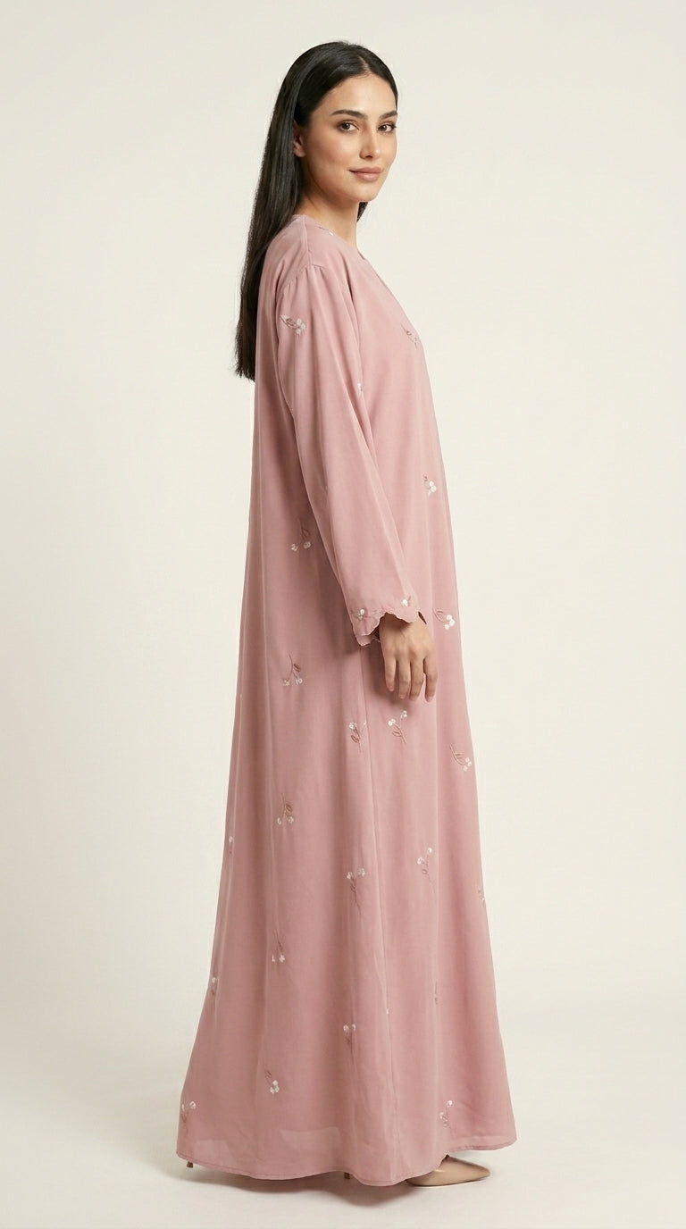 Pink Open Abaya with Dainty Floral Embroidery  Aromique