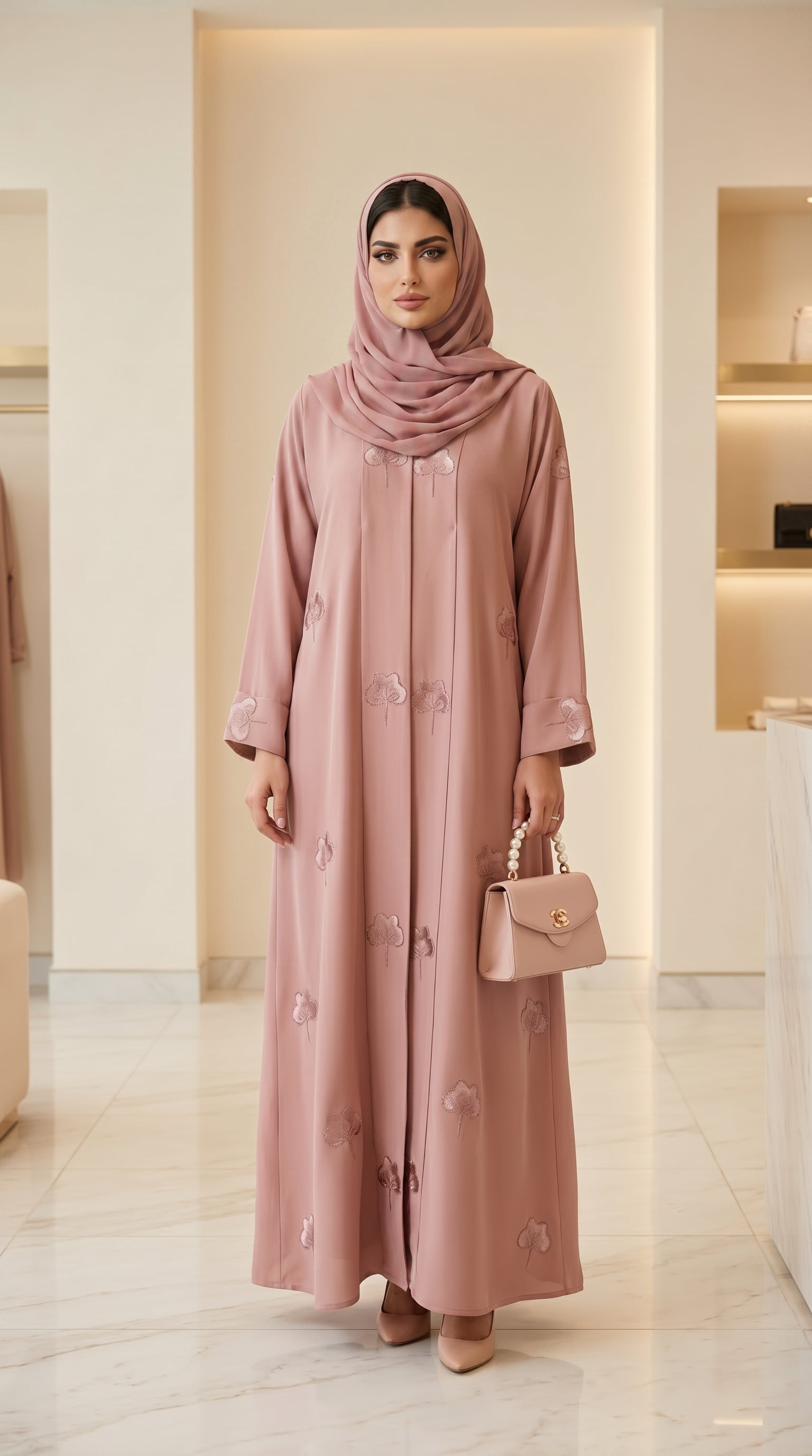 Pink Velvet Flower Open Abaya  Aromique