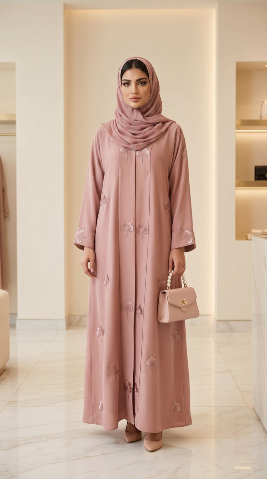 Pink Velvet Flower Open Abaya  Aromique