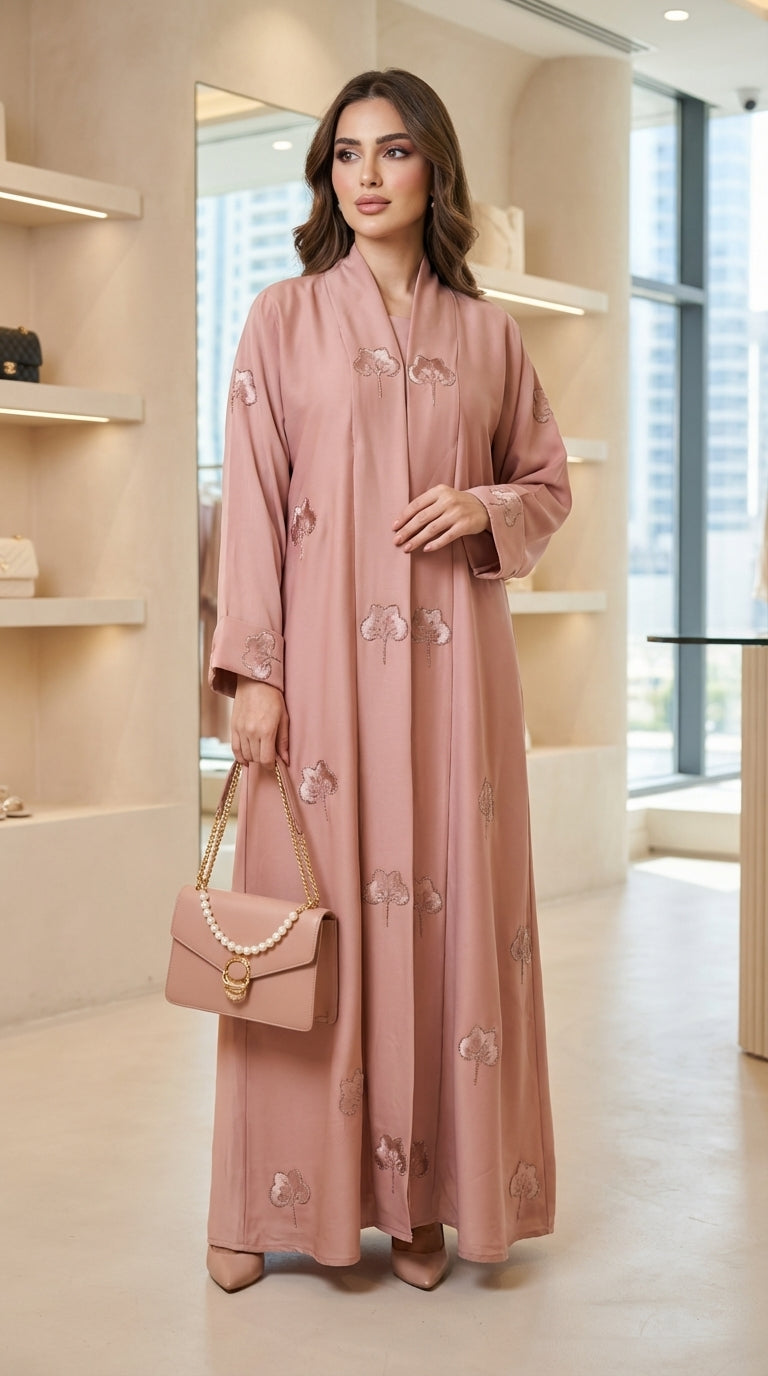 Pink Velvet Flower Open Abaya  Aromique