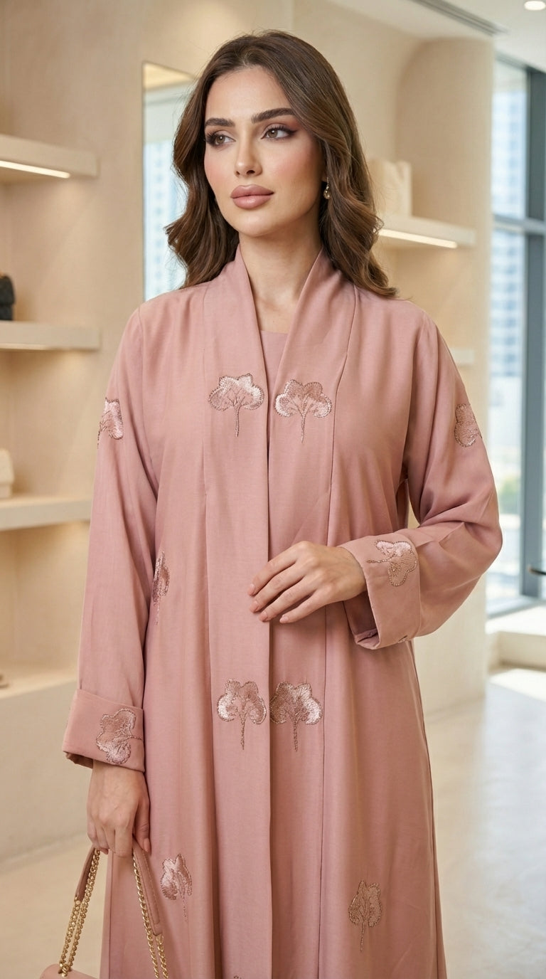 Pink Velvet Flower Open Abaya  Aromique