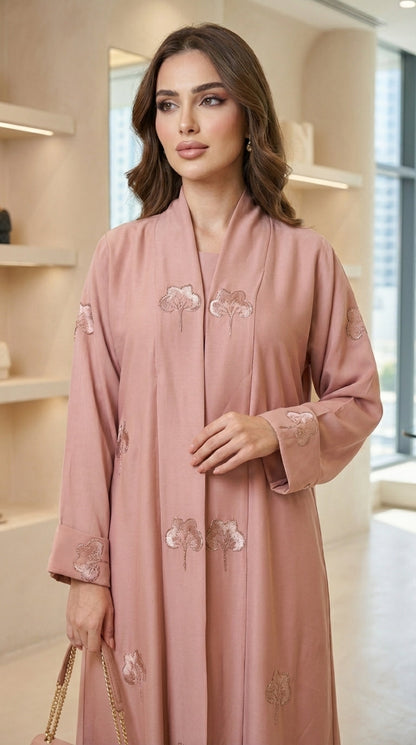 Pink Velvet Flower Open Abaya  Aromique
