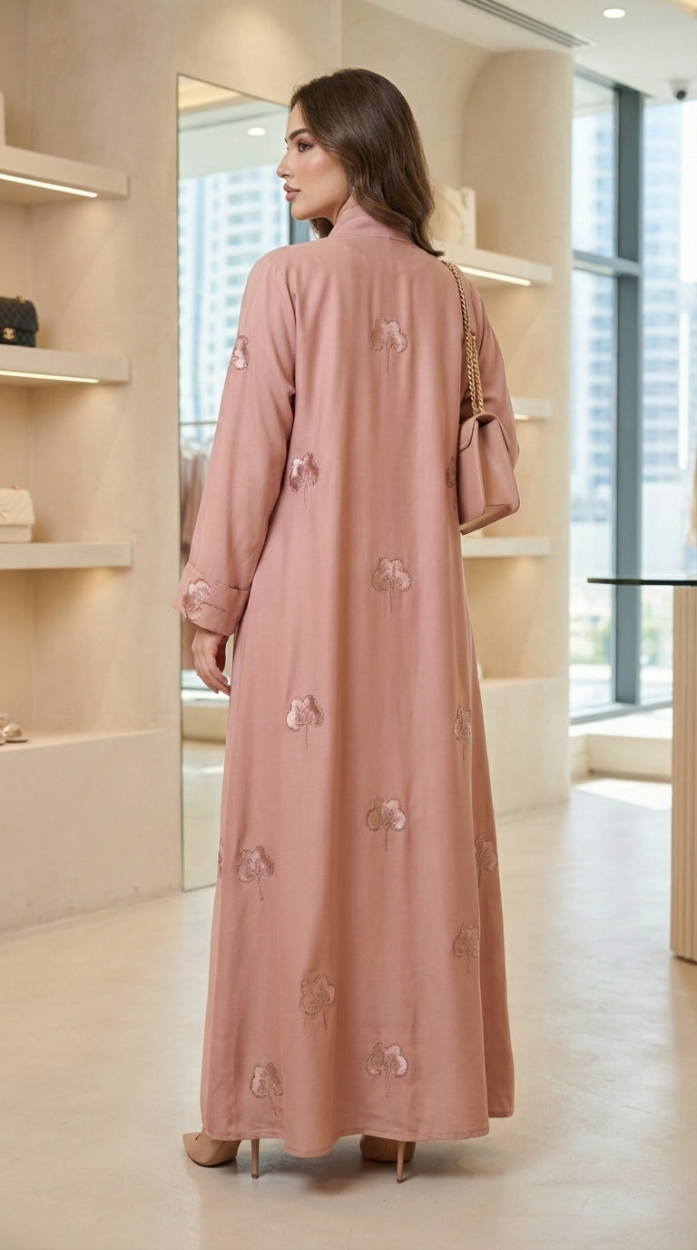 Pink Velvet Flower Open Abaya  Aromique
