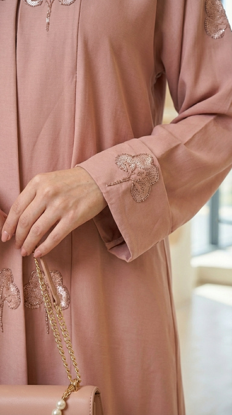 Pink Velvet Flower Open Abaya  Aromique