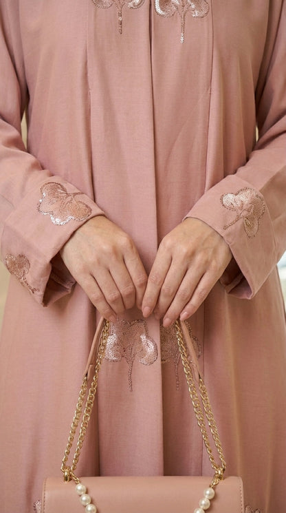 Pink Velvet Flower Open Abaya  Aromique