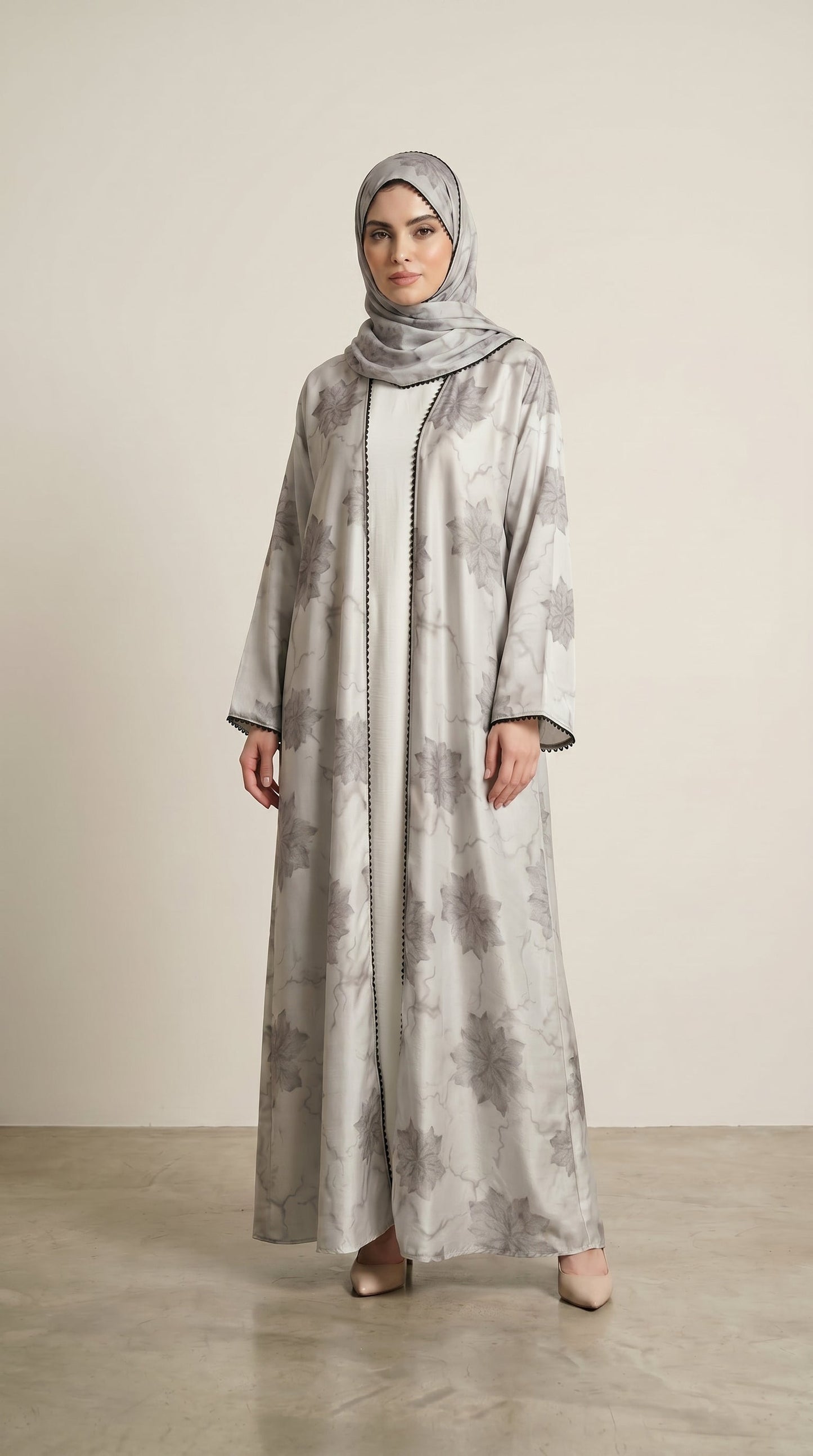 White Leaf Print 3-Pieces Set Open Abaya  Aromique