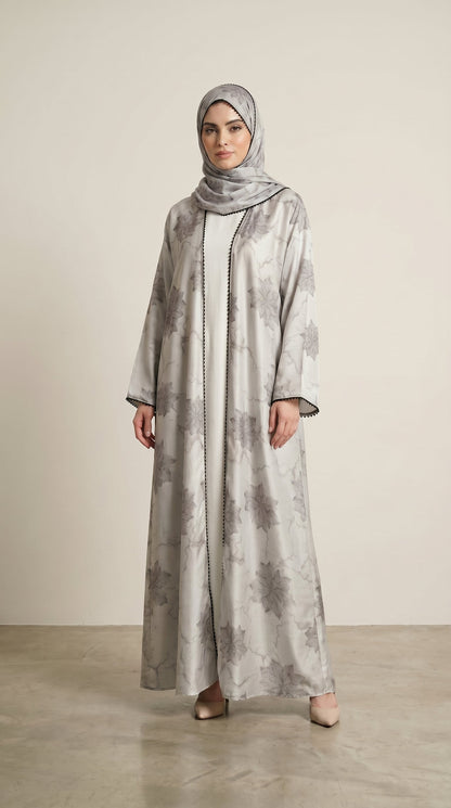 White Leaf Print 3-Pieces Set Open Abaya  Aromique