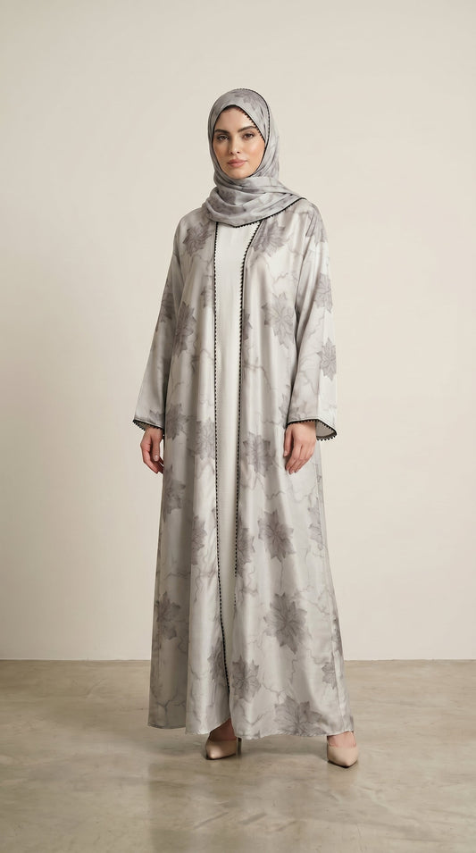 White Leaf Print 3-Pieces Set Open Abaya  Aromique