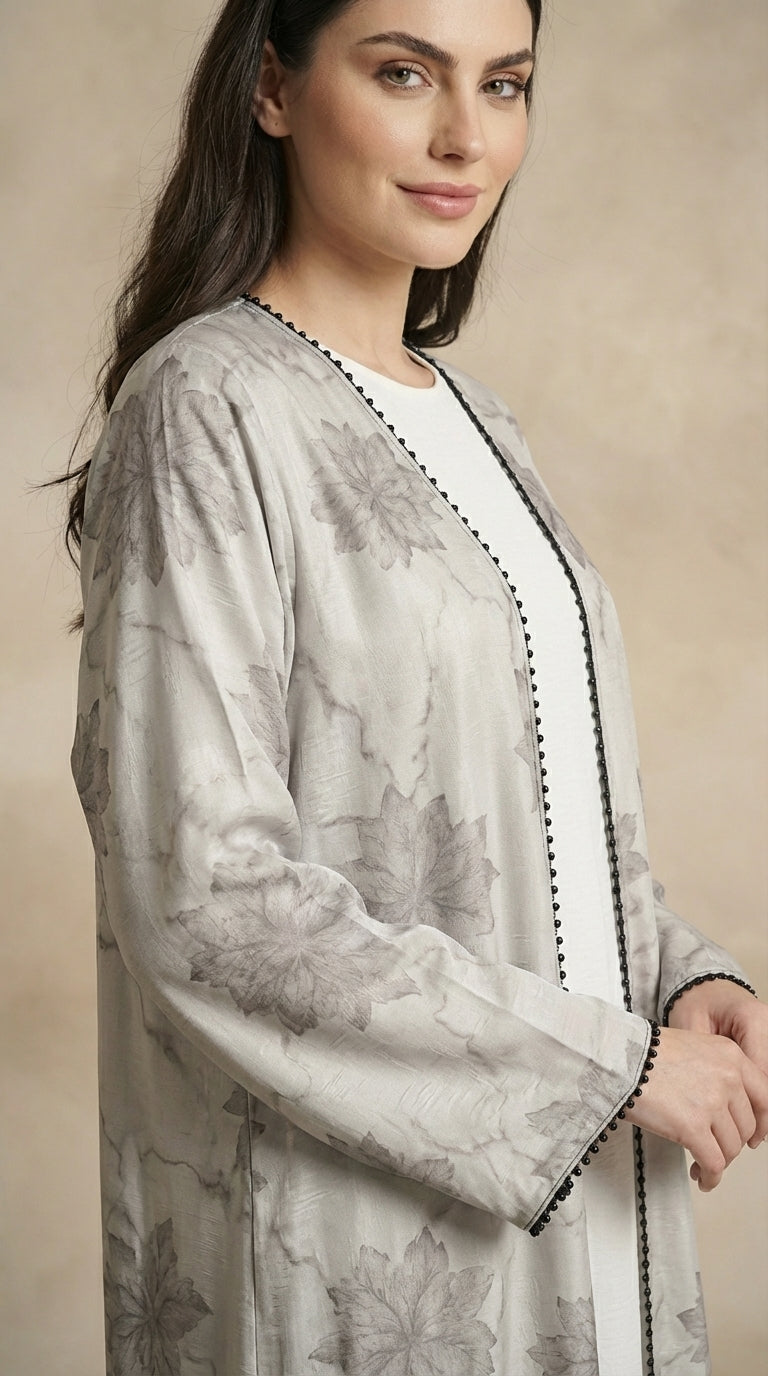 White Leaf Print 3-Pieces Set Open Abaya  Aromique