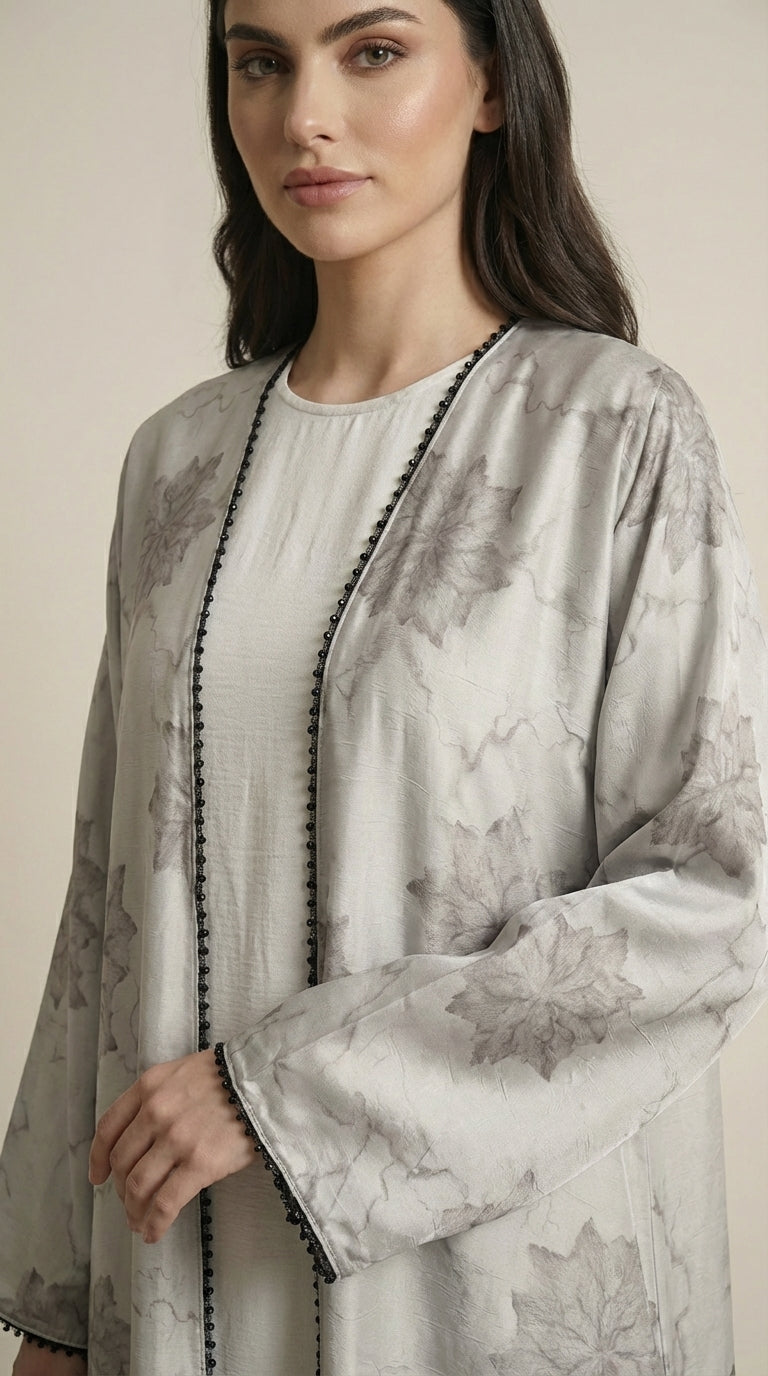 White Leaf Print 3-Pieces Set Open Abaya  Aromique