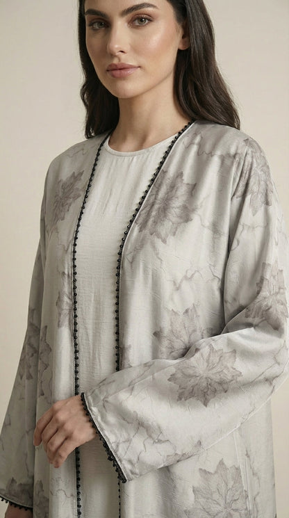 White Leaf Print 3-Pieces Set Open Abaya  Aromique