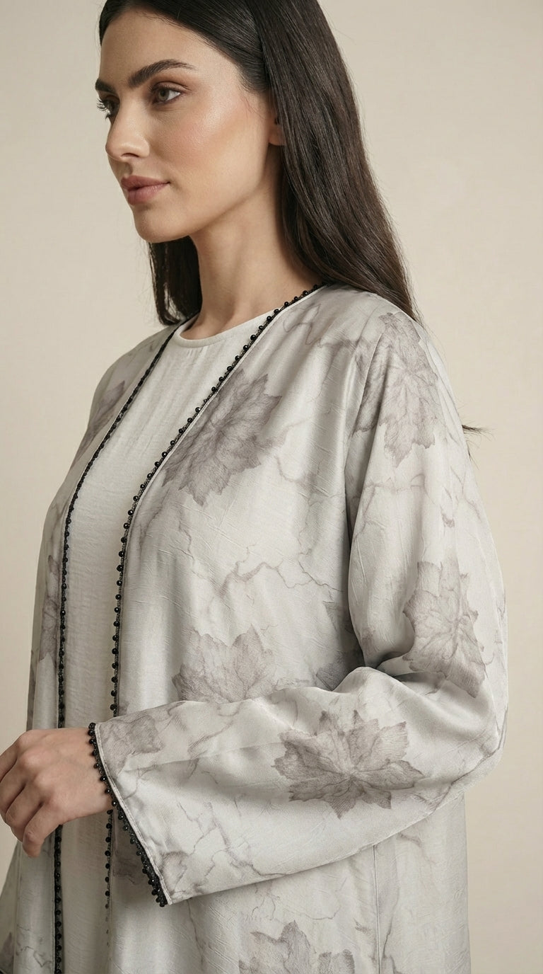 White Leaf Print 3-Pieces Set Open Abaya  Aromique