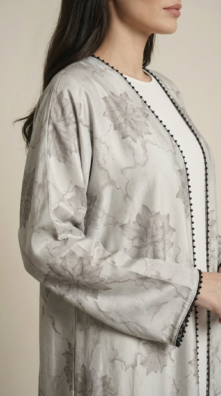 White Leaf Print 3-Pieces Set Open Abaya  Aromique