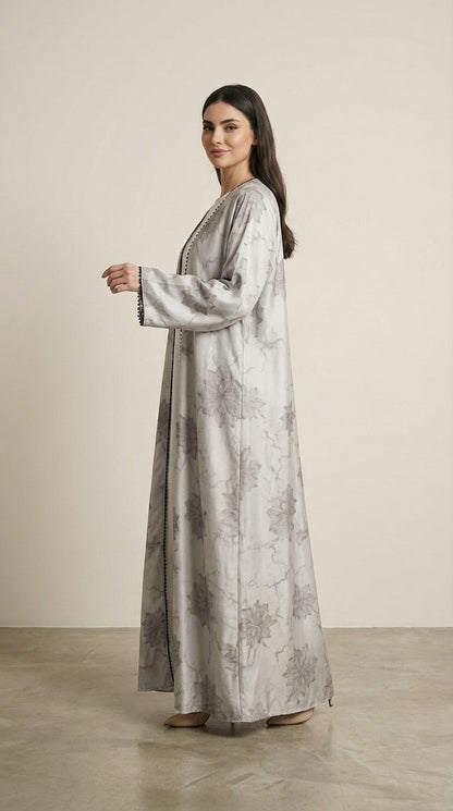 White Leaf Print 3-Pieces Set Open Abaya  Aromique